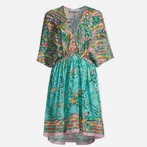 Johnny Was Resort Wear Green and Orange V-Neck Midi Dress (Like New,Never Worn)